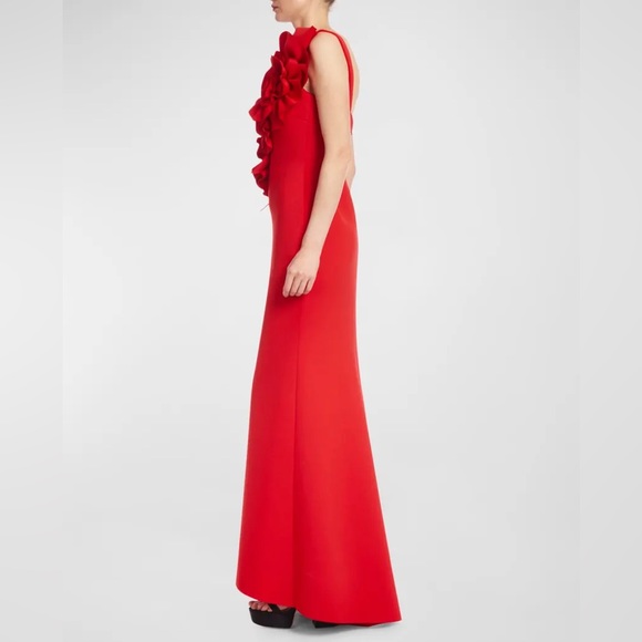 Badgley Mischka Collection Red One-Shoulder Rosette Scuba Gown size 0 - Picture 4 of 10